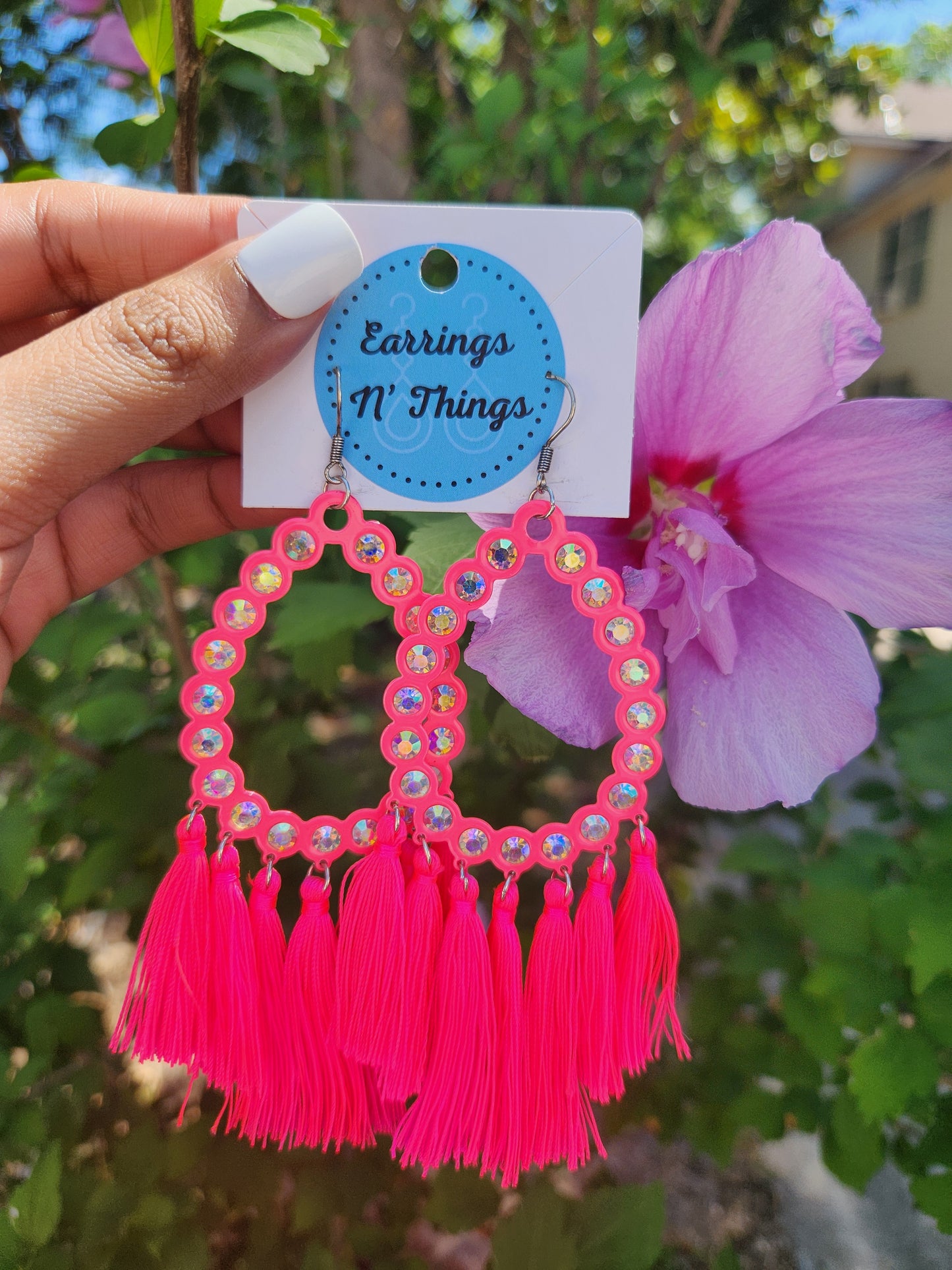 Rhinestone Tassel Teardrop Earrings (Hot Pink)