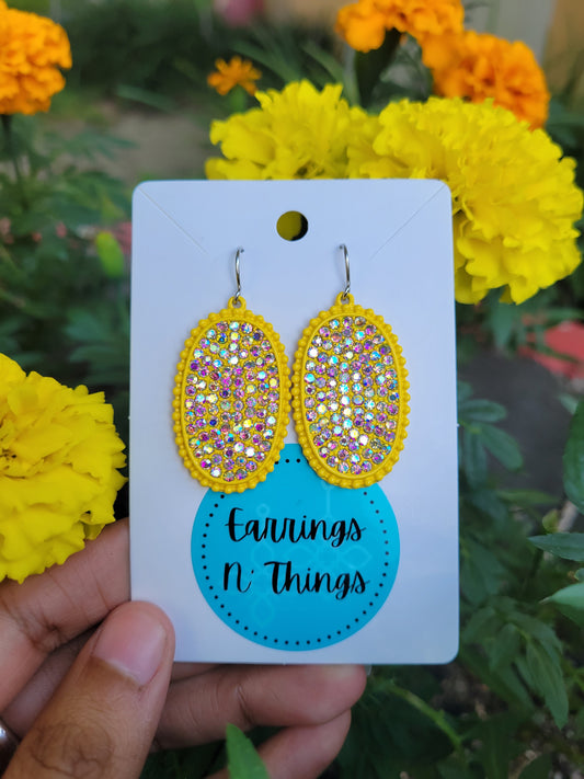 Oval Rhinestone Earrings (Yellow)